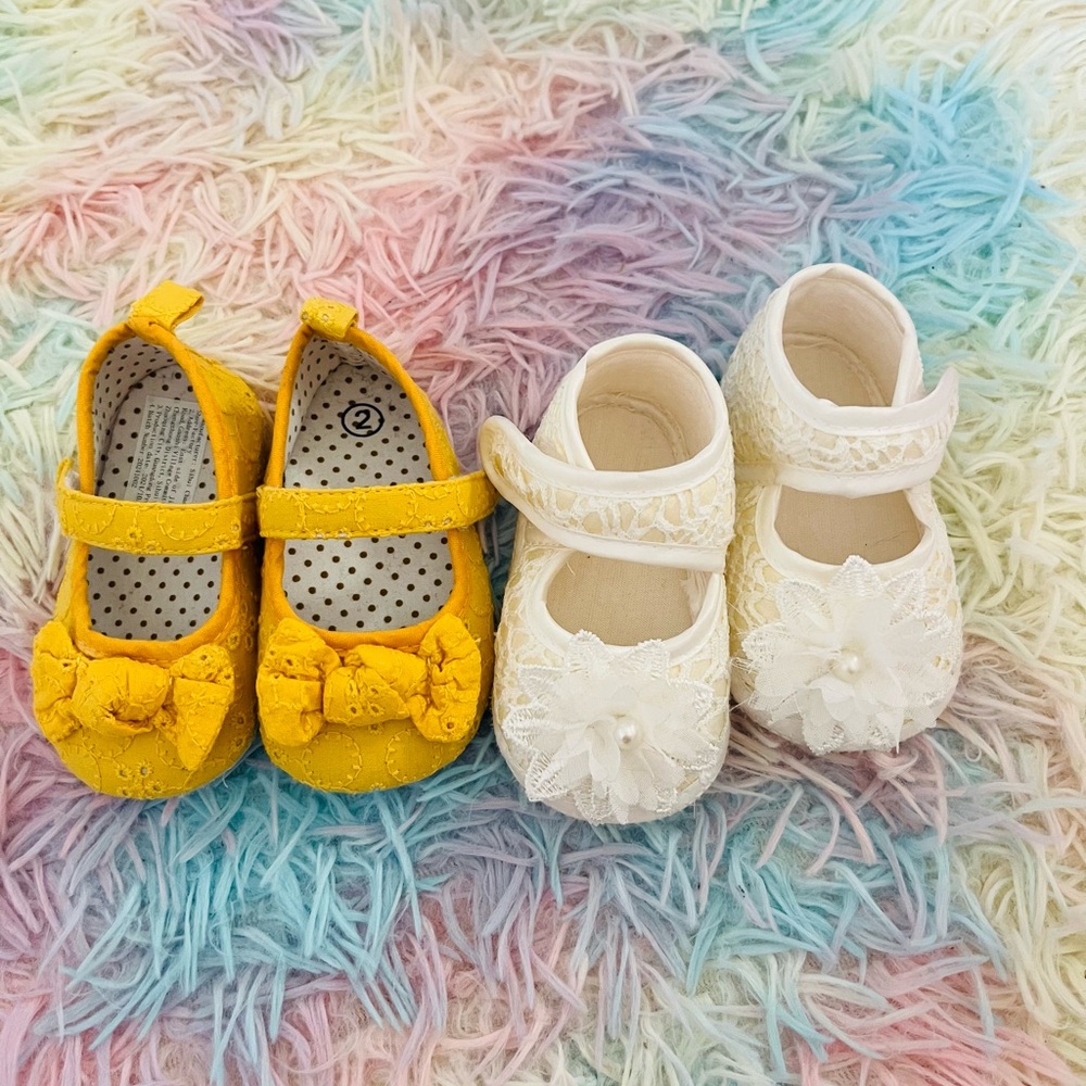 Yellow and White Lace Baby Mary Janes Shoes Set